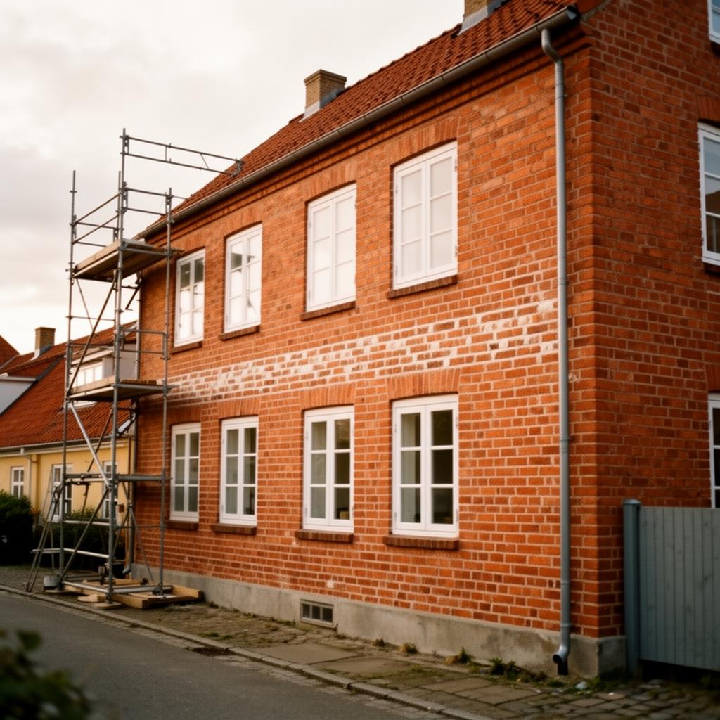 Renoveret rødstensfacade på dansk parcelhus